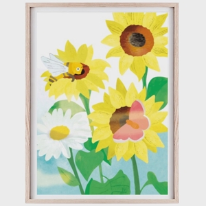 Poster A3 enfant d'une abeille butinant un tournesol au printemps