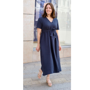 La robe longue en triple gaze de coton bio | Bleu nuit | Fabriquée en France